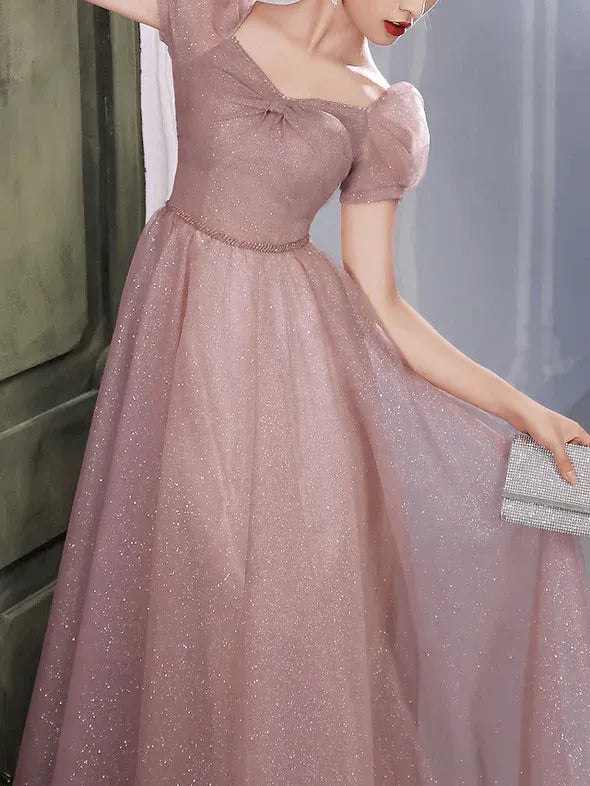 Dreamy A-Line Sweetheart Puff Sleeve Glitter Dusty Pink Floor Length Prom Dress