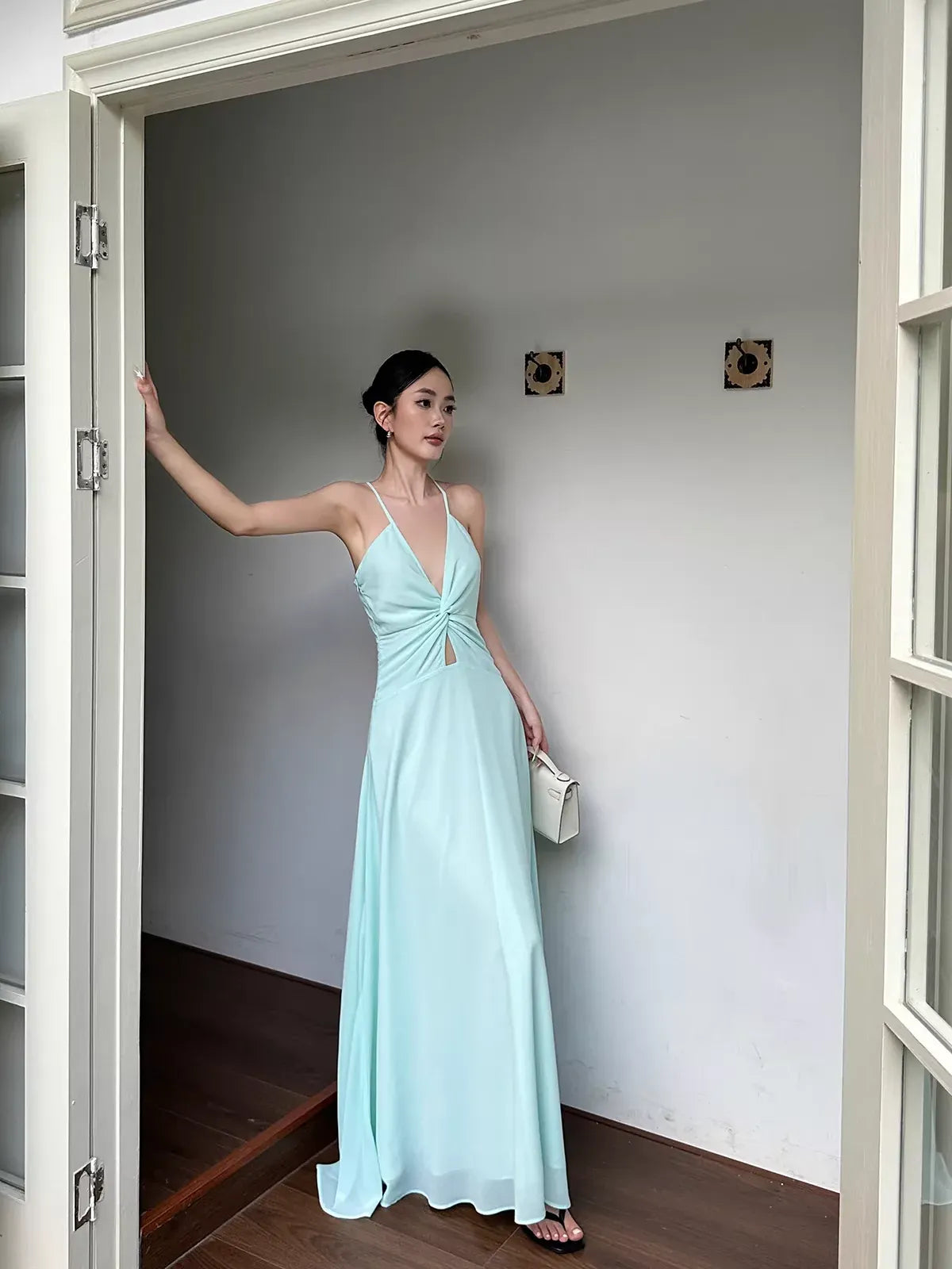 Dreamy A-line Plunge Neck Sleeveless Twisted Mint Green Maxi Prom Dress for Women Ready to Ship