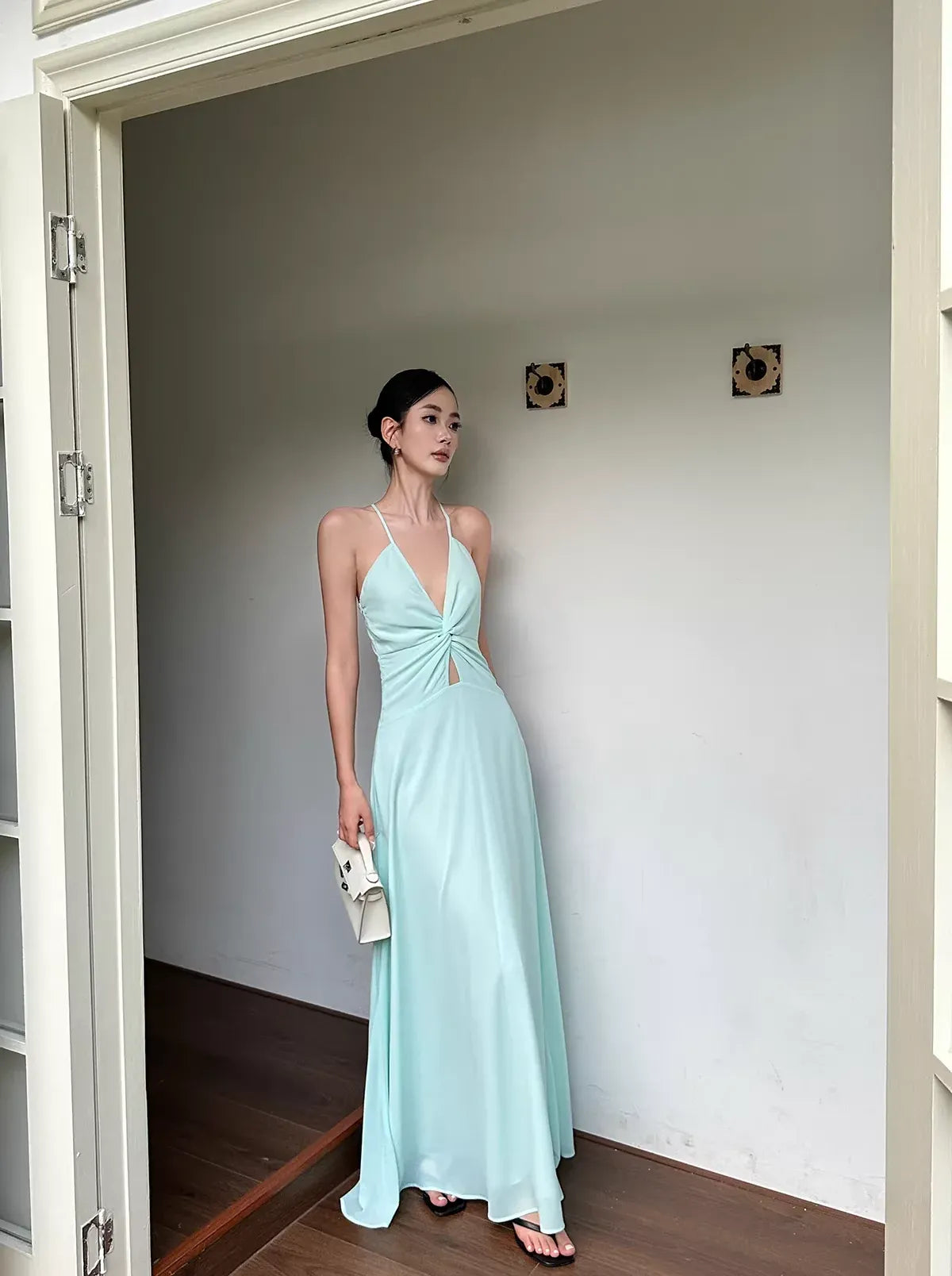 Dreamy A-line Plunge Neck Sleeveless Twisted Mint Green Maxi Prom Dress for Women Ready to Ship