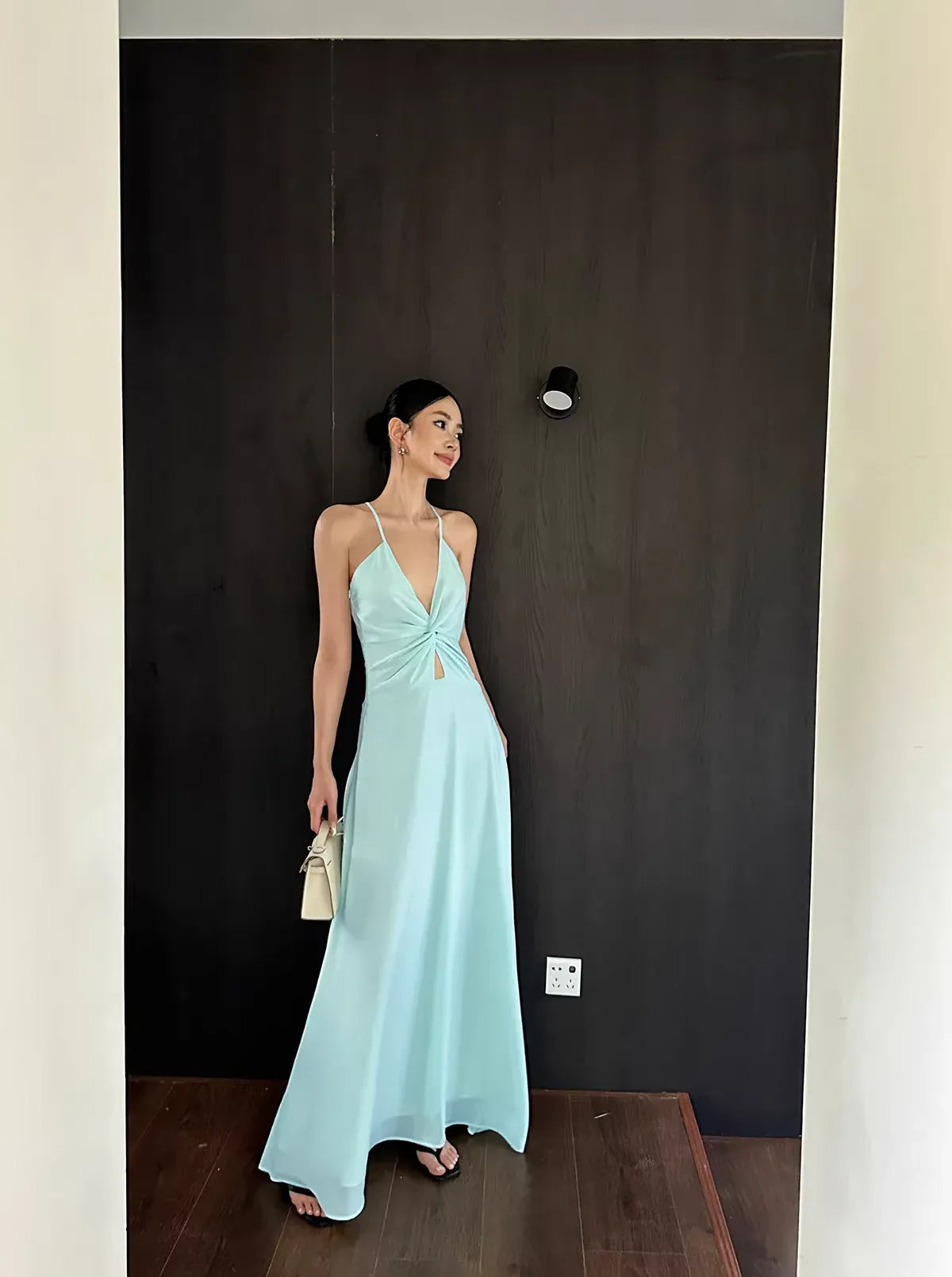 Dreamy A-line Plunge Neck Sleeveless Twisted Mint Green Maxi Prom Dress for Women Ready to Ship