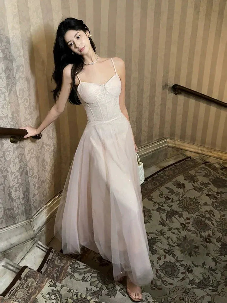 Dreamy A-line Sweetheart-Neck Sleeveless Tulle-Accented Blush Midi Prom Dress for Women Custom