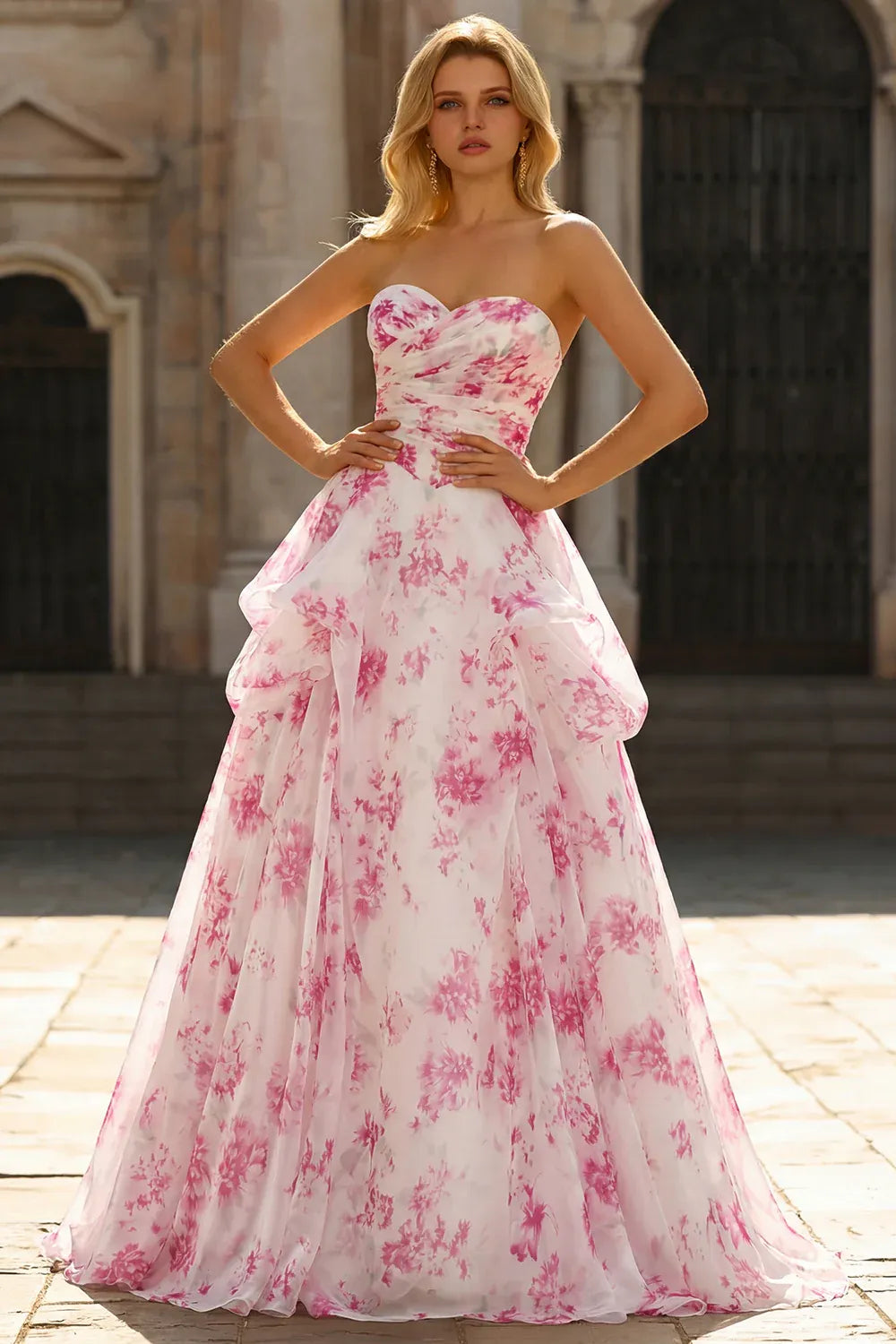 Dreamy A Line Strapless Floral Pleated Ruffled Pink Long Prom Dress