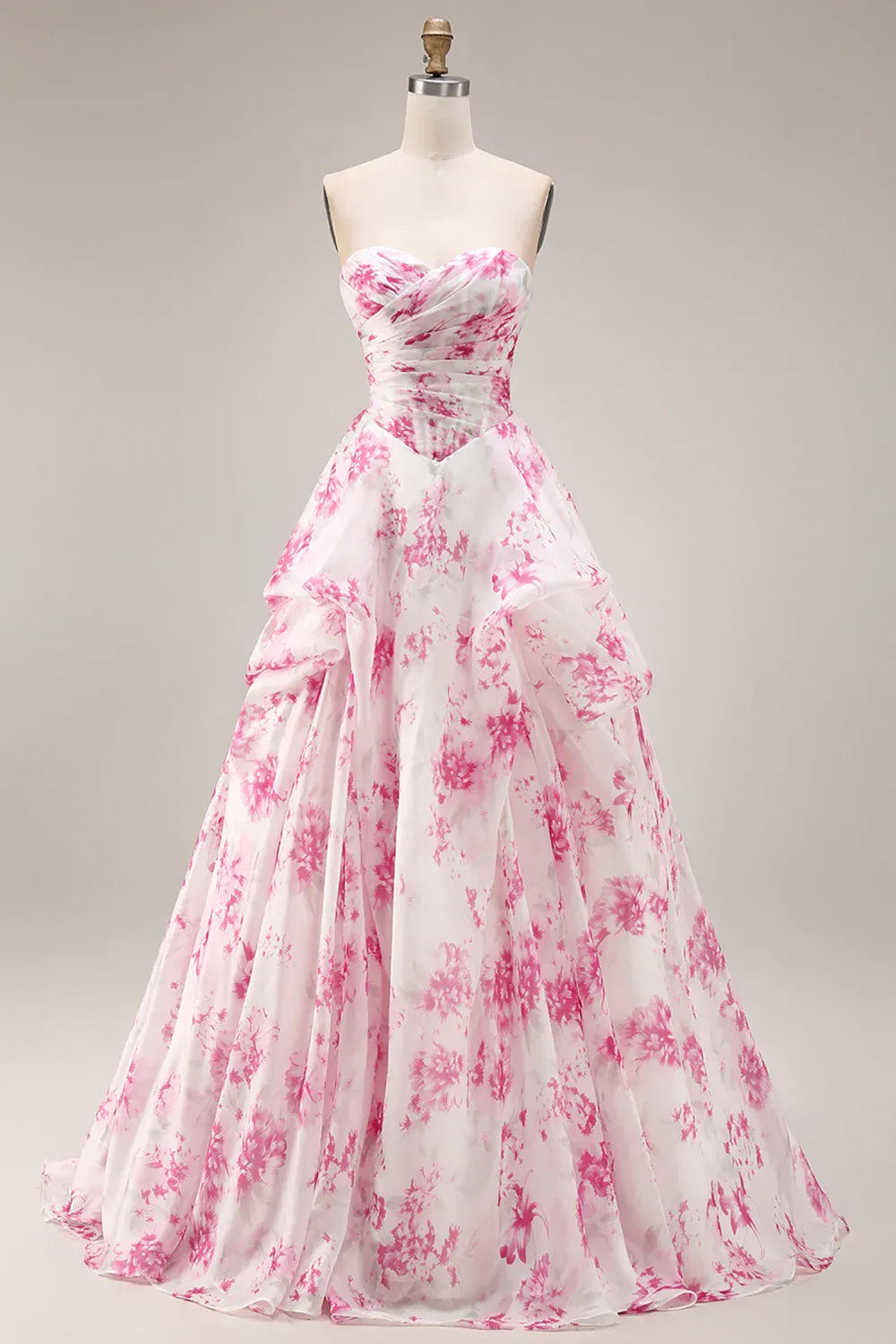 Dreamy A Line Strapless Floral Pleated Ruffled Pink Long Prom Dress