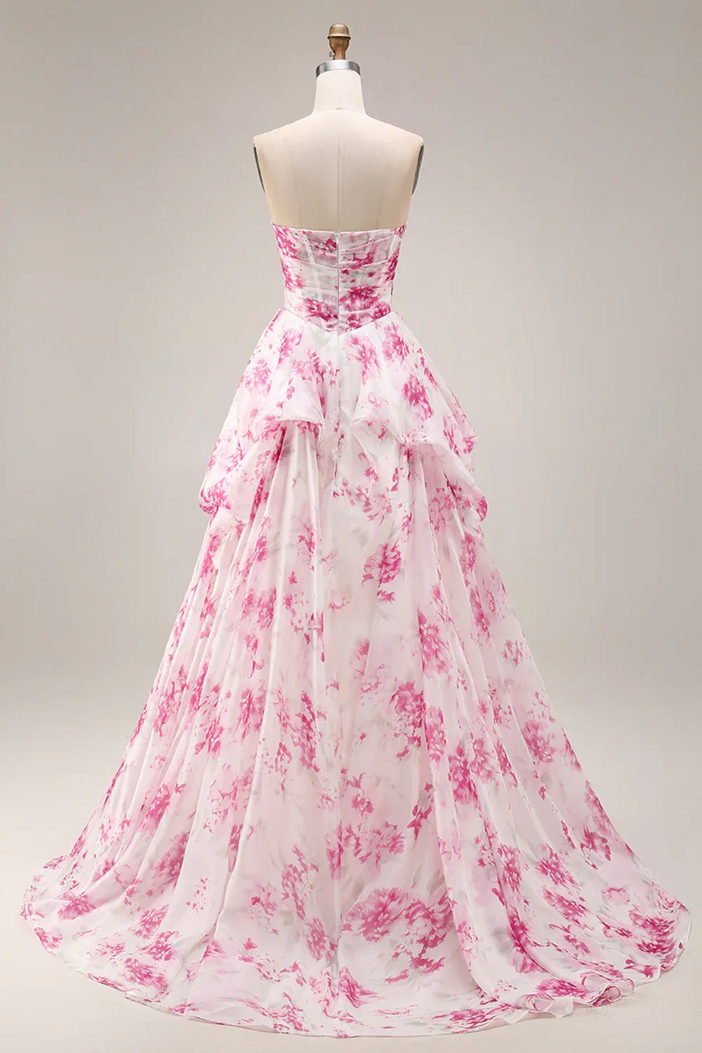 Dreamy A Line Strapless Floral Pleated Ruffled Pink Long Prom Dress