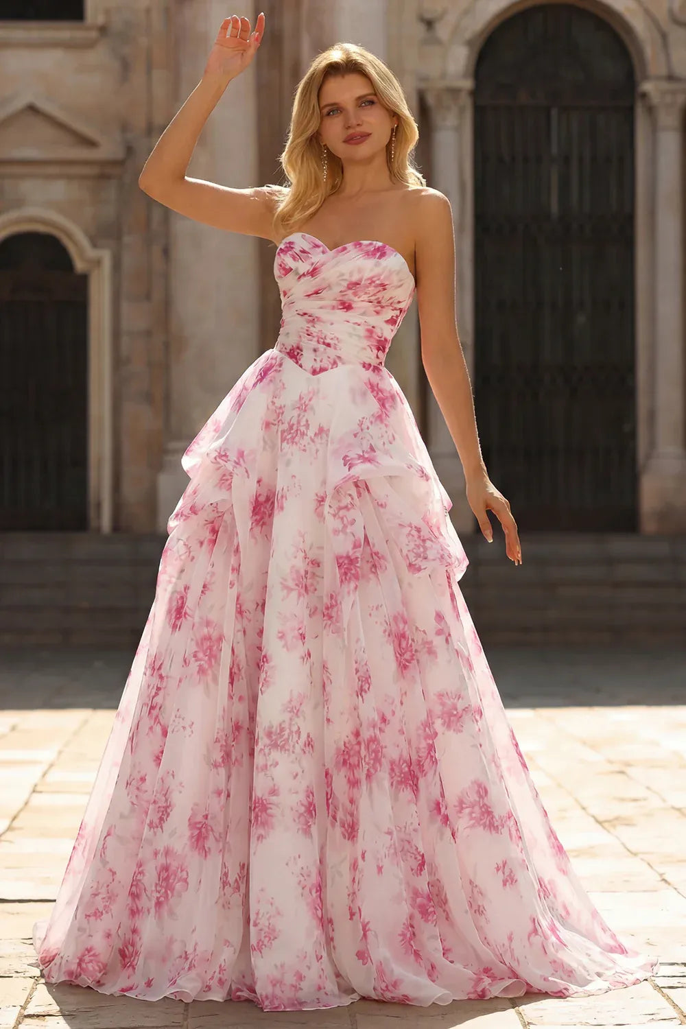Dreamy A Line Strapless Floral Pleated Ruffled Pink Long Prom Dress