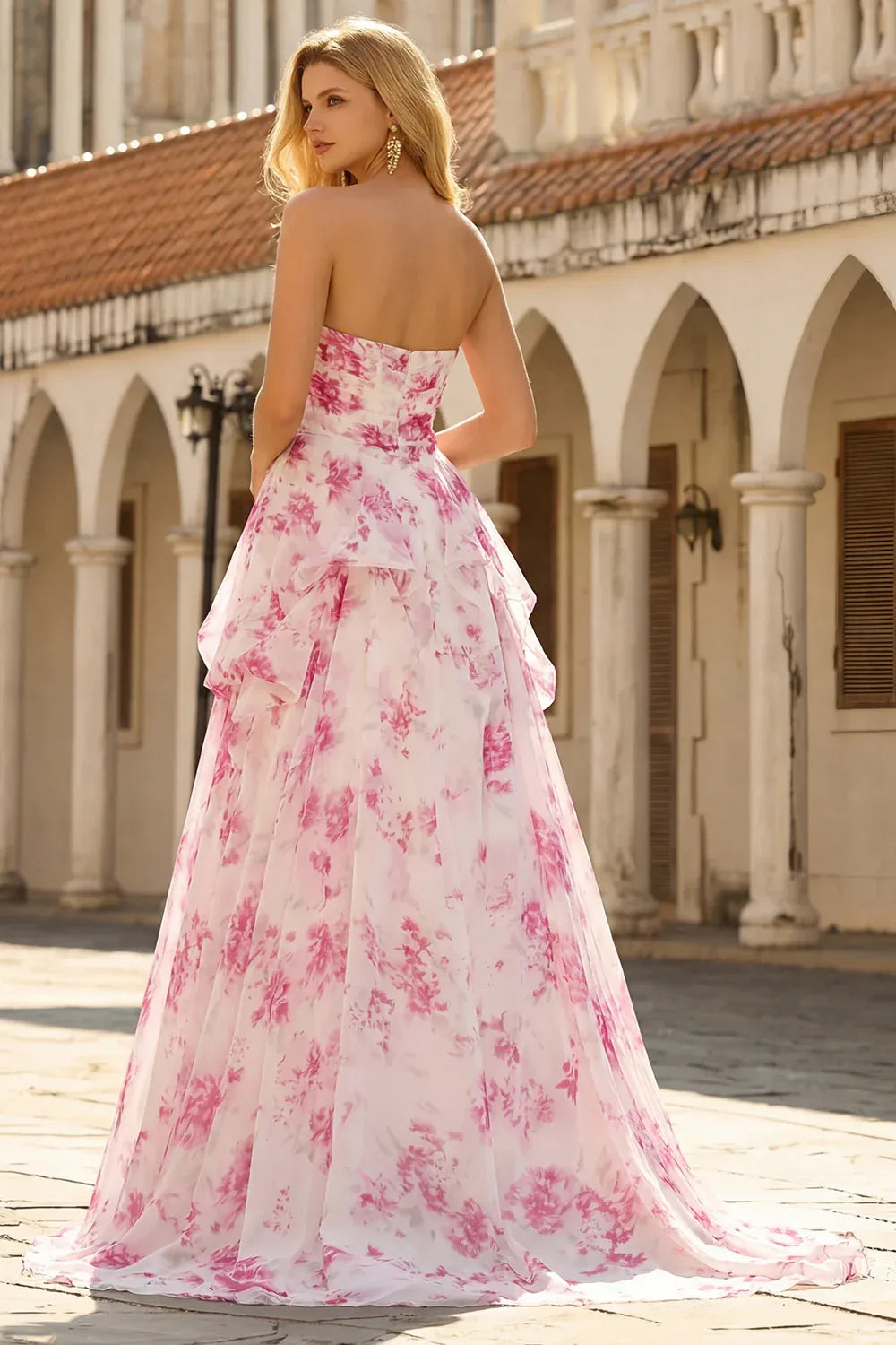 Dreamy A Line Strapless Floral Pleated Ruffled Pink Long Prom Dress