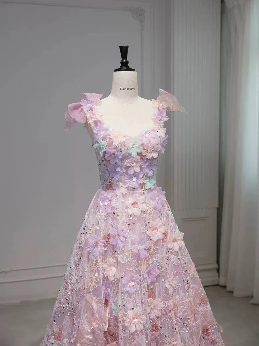 Dreamy Ball Gown Sweetheart Neck Cap Sleeve Floral Sequin Lilac Long Prom Dress For Women Custom