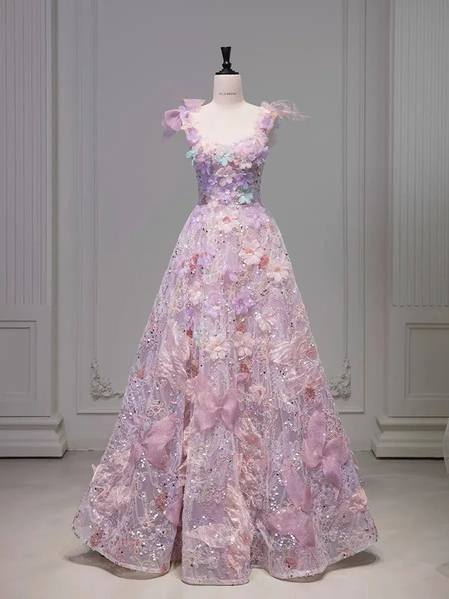 Dreamy Ball Gown Sweetheart Neck Cap Sleeve Floral Sequin Lilac Long Prom Dress For Women Custom