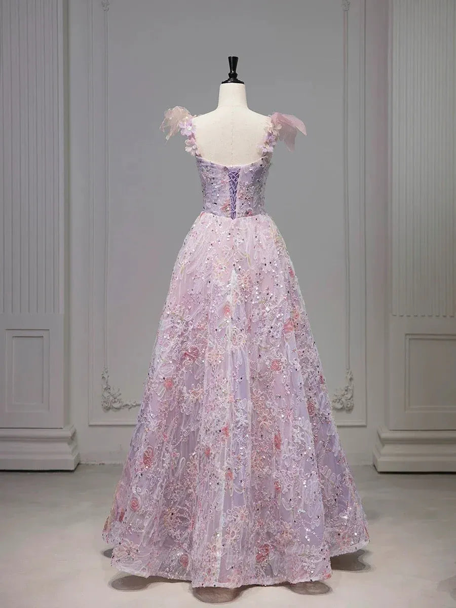 Dreamy Ball Gown Sweetheart Neck Cap Sleeve Floral Sequin Lilac Long Prom Dress For Women Custom