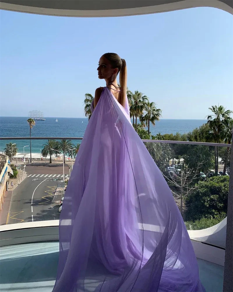 Dreamy Chiffon Long Evening Dress Lavender Halter-Neck Cape-Sleeve Party Gown for Women