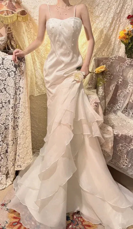 Dreamy Mermaid Spaghetti Strap Beaded Tiered Ruffled Ivory Long Prom Dress