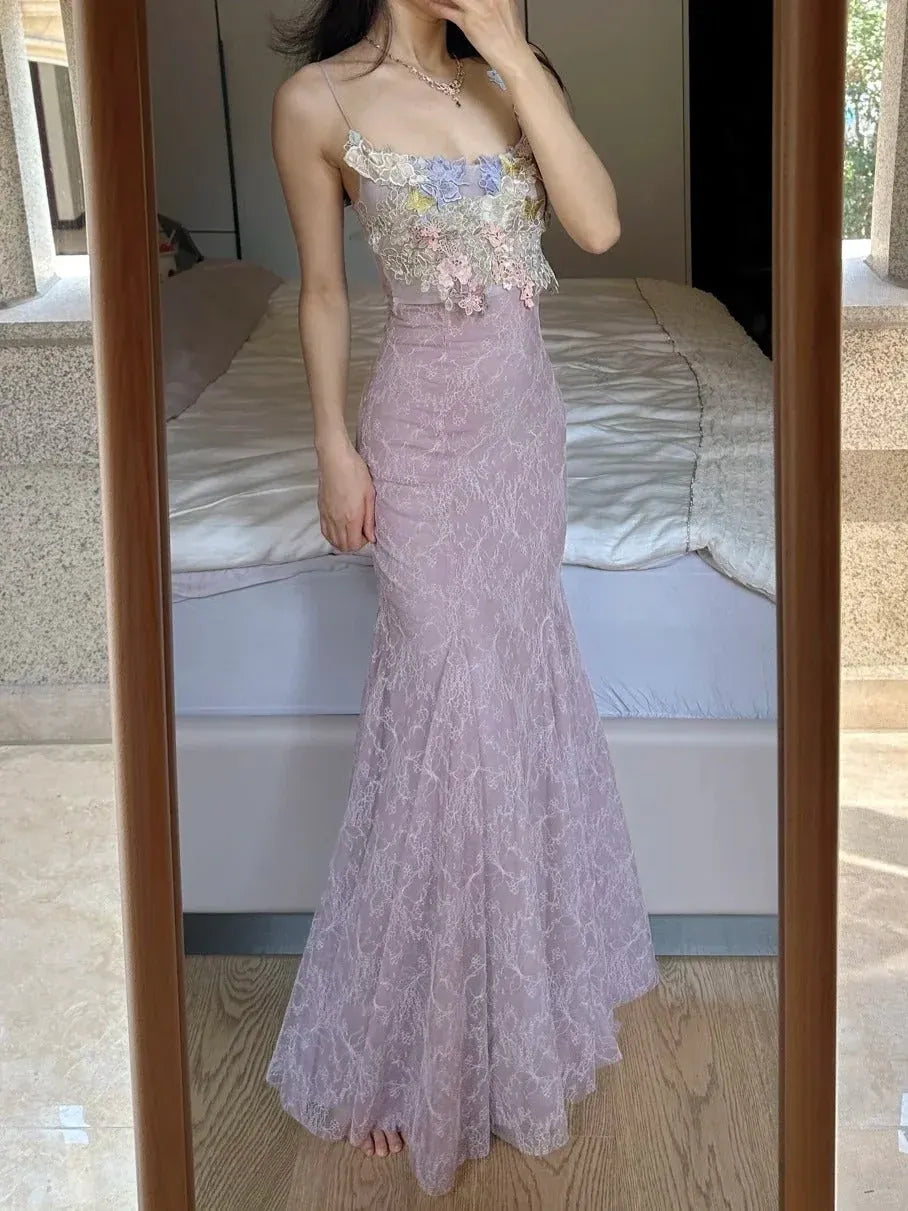 Dreamy Mermaid Spaghetti Strap Floral Applique Lace Lavender Prom Dress