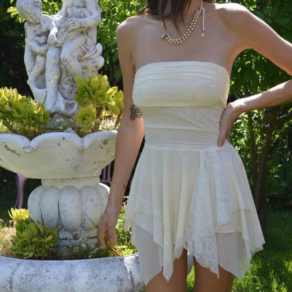 Dreamy Strapless Tie-Back Mesh Cream Mini Homecoming Dress With Asymmetrical Hem Hot Sale