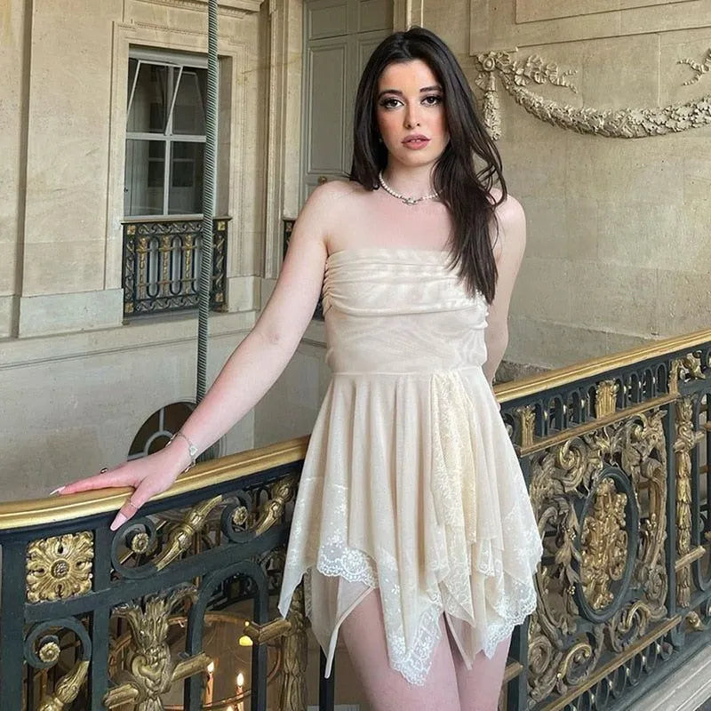 Dreamy Strapless Tie-Back Mesh Cream Mini Homecoming Dress With Asymmetrical Hem Hot Sale