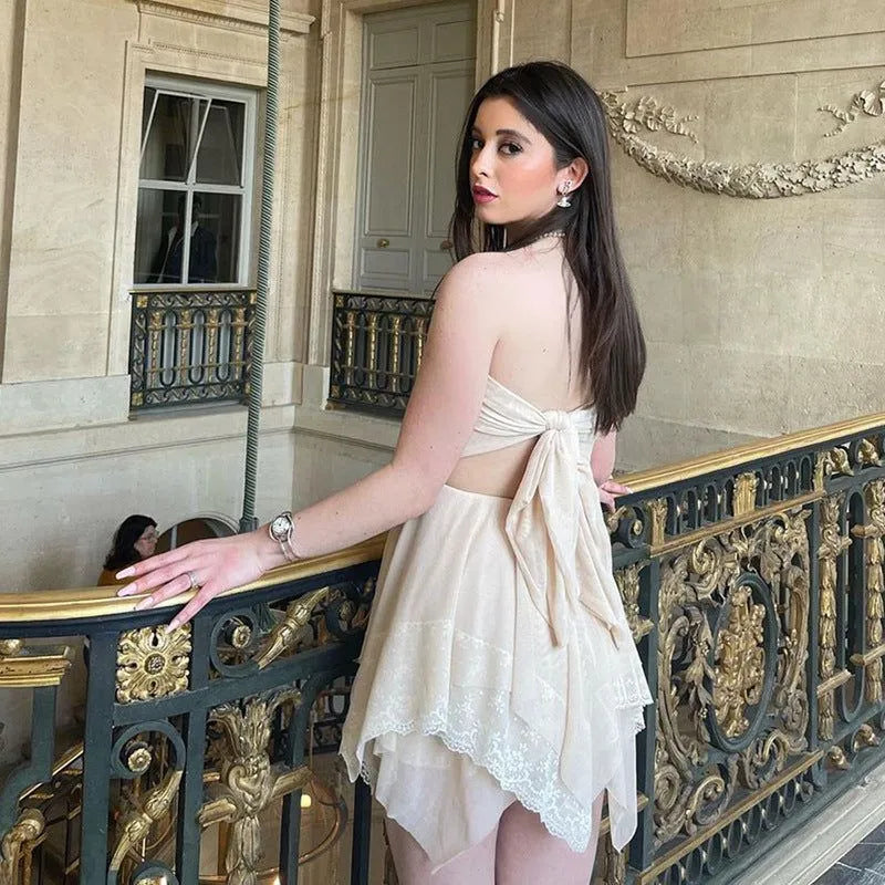 Dreamy Strapless Tie-Back Mesh Cream Mini Homecoming Dress With Asymmetrical Hem Hot Sale