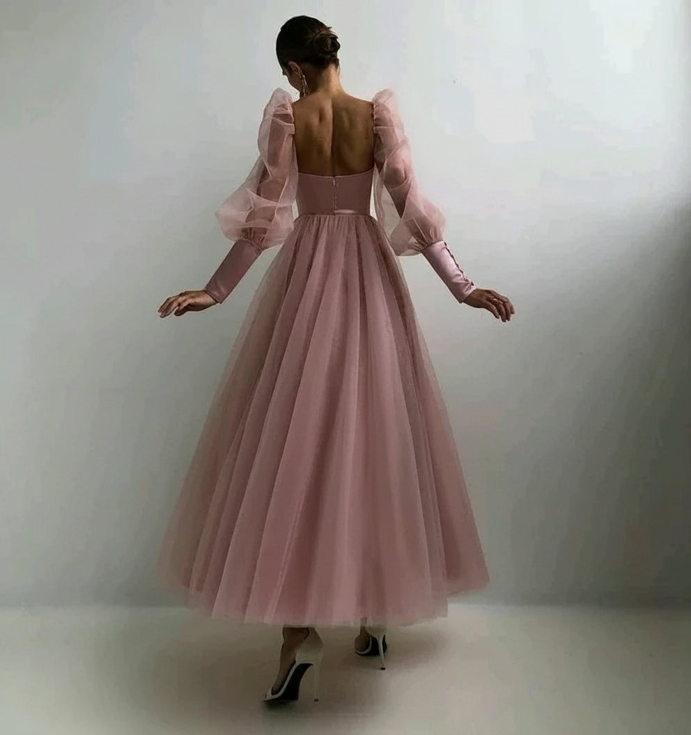Dreamy Tulle-Satin Long Evening Dress Blush Sweetheart Puff-Sleeve Party Gown for Women