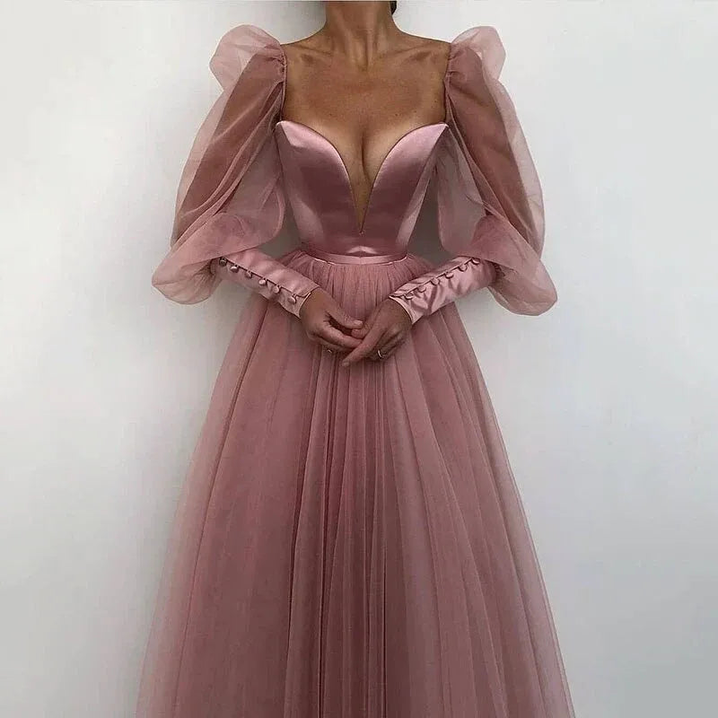 Dreamy Tulle-Satin Long Evening Dress Blush Sweetheart Puff-Sleeve Party Gown for Women