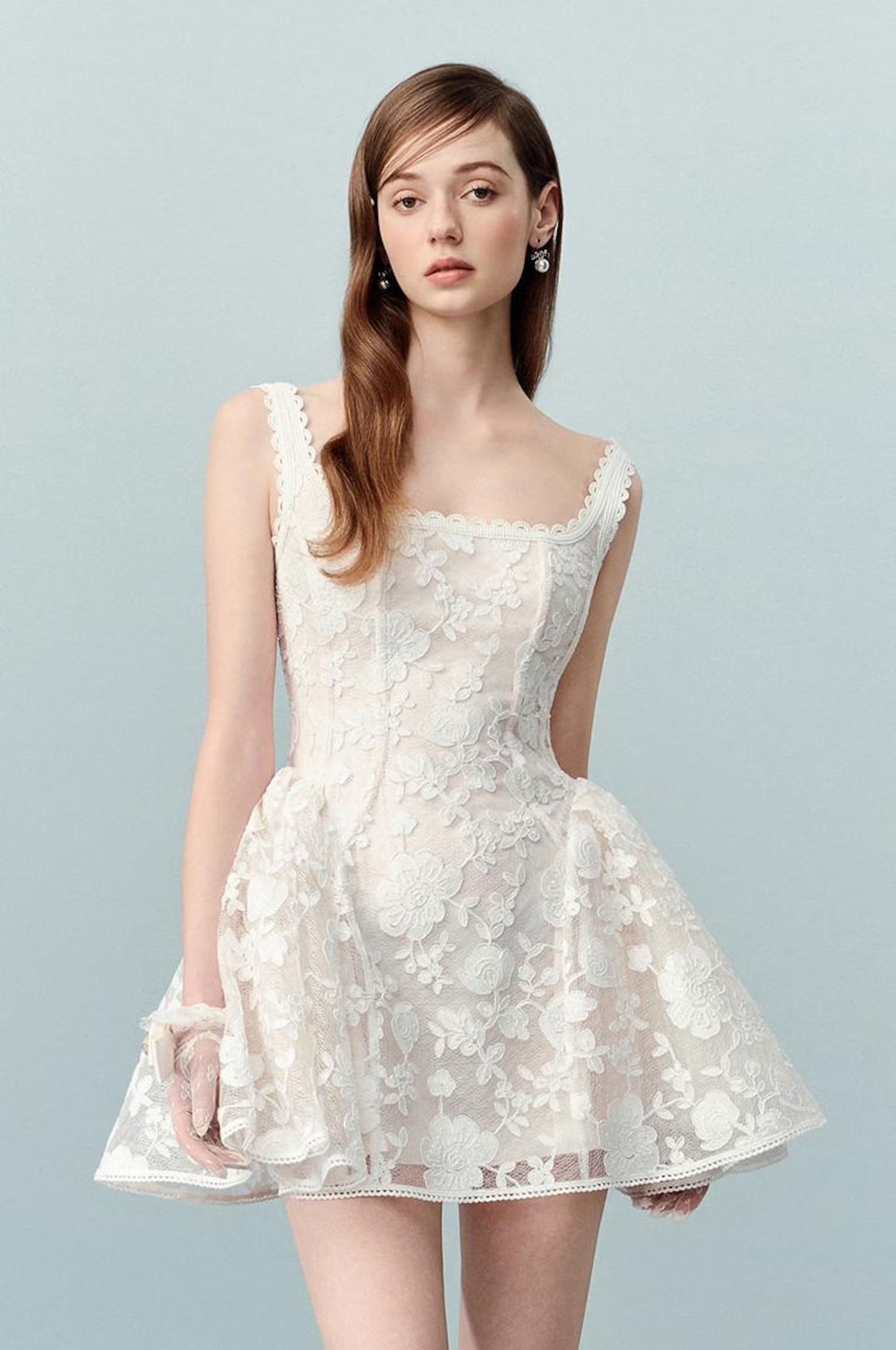 Dreamy A-Line Square Neck Floral Lace Ivory Short Homecoming Dresses Hot Sale