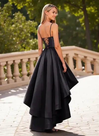 Edgy A-Line Spaghetti Straps Corset Layers Ruffle Black High-Low Prom Dress