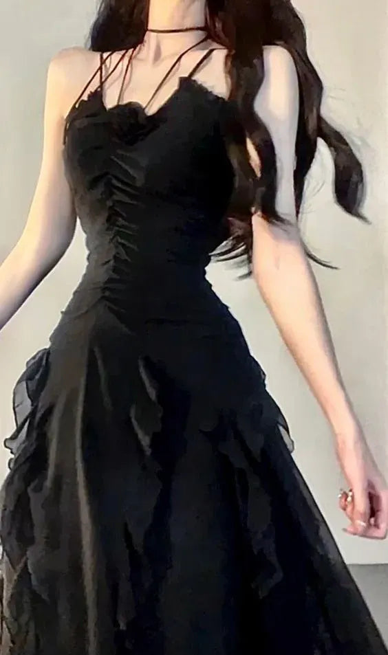 Edgy A-line V-Neck Sleeveless Ruffle-Accented Black Maxi Prom Dress for Women for sale