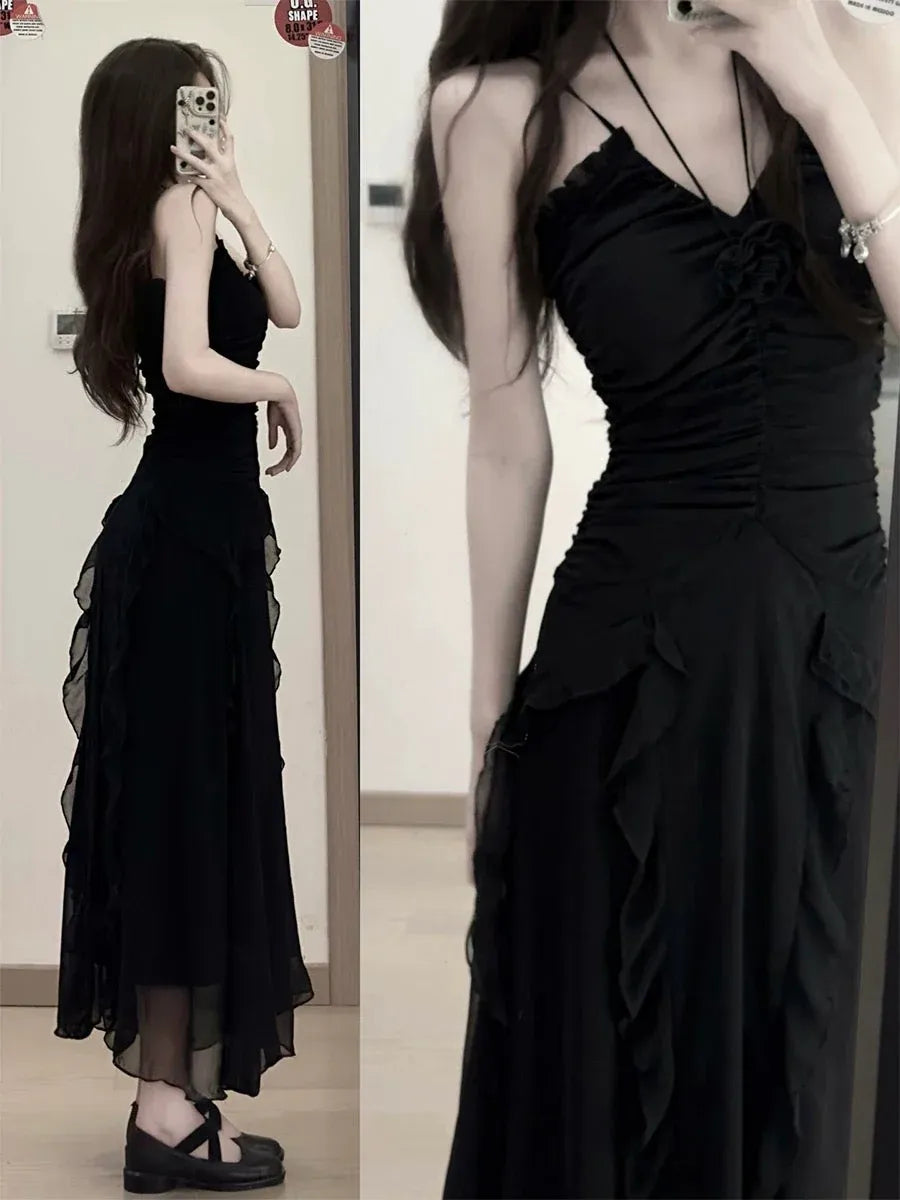 Edgy A-line V-Neck Sleeveless Ruffle-Accented Black Maxi Prom Dress for Women for sale
