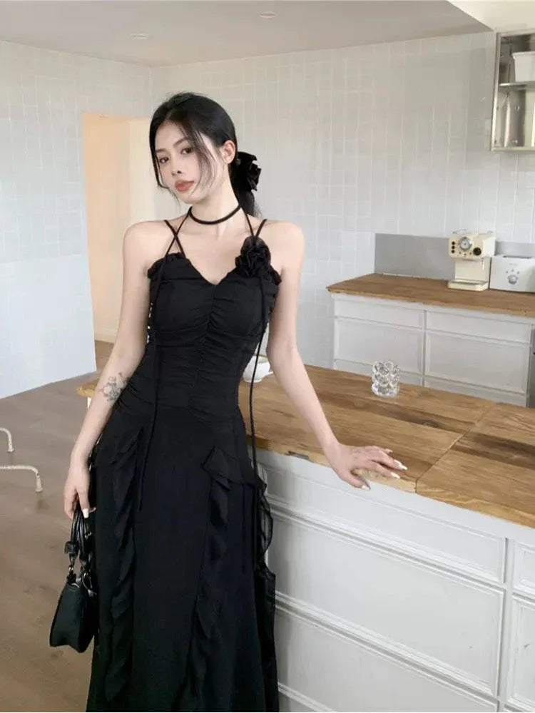 Edgy A-line V-Neck Sleeveless Ruffle-Accented Black Maxi Prom Dress for Women for sale