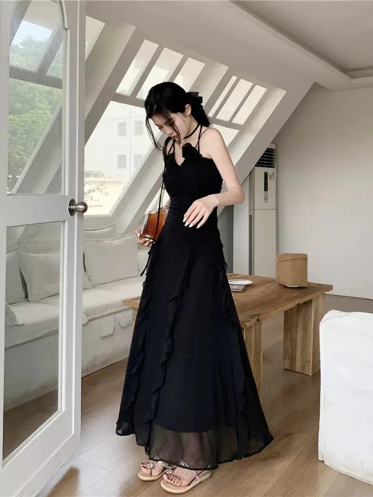 Edgy A-line V-Neck Sleeveless Ruffle-Accented Black Maxi Prom Dress for Women for sale