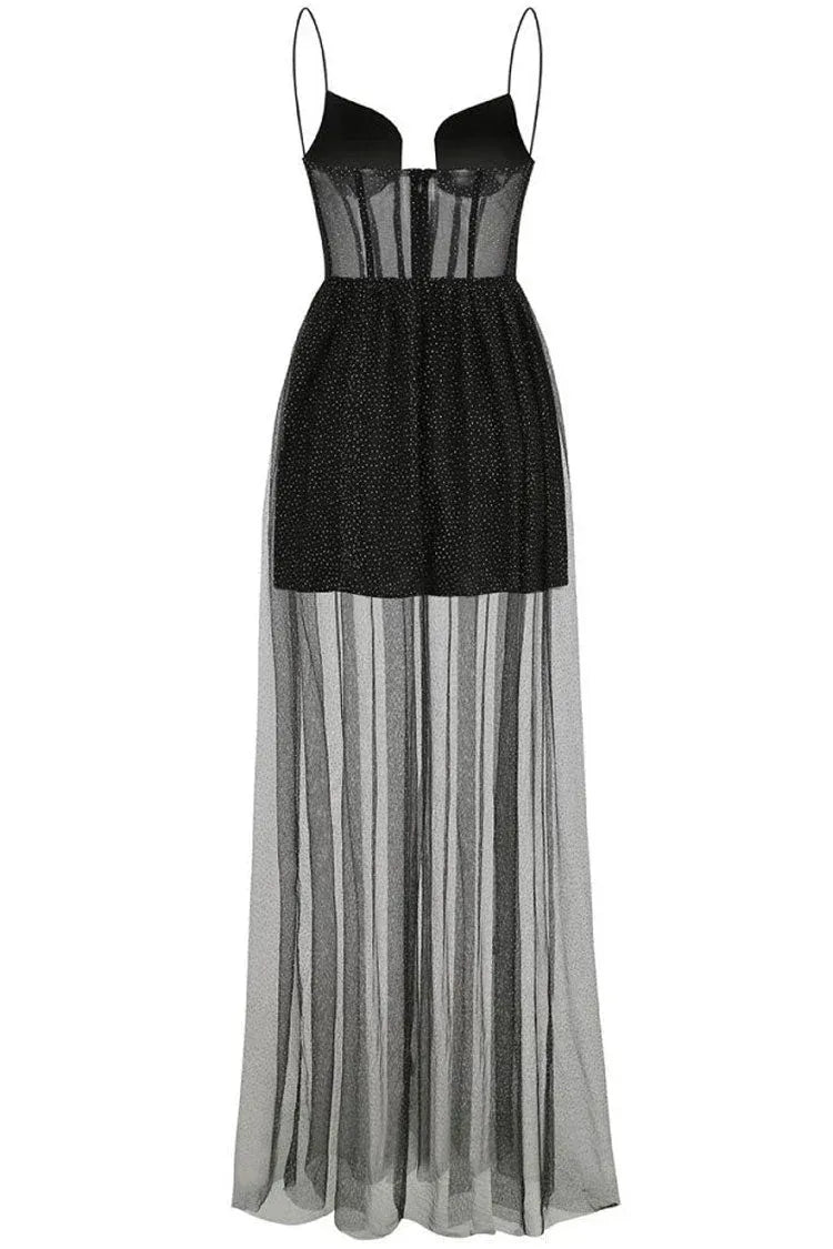Edgy High-Low Spaghetti-Strap Sheer-Sequin Black Evening Dress for Women