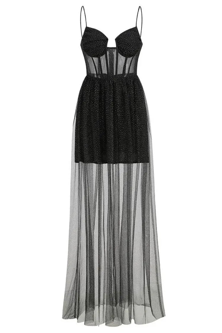Edgy High-Low Spaghetti-Strap Sheer-Sequin Black Evening Dress for Women