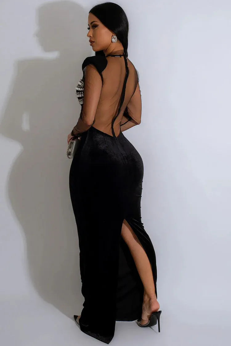 Edgy Mermaid High-Neck Long-Sleeve Beaded Mesh Black Floor-Length Evening Dress for Women