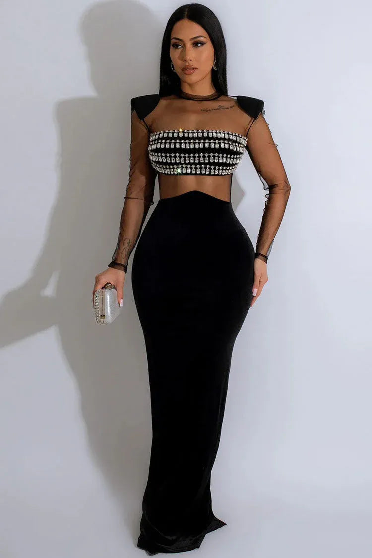 Edgy Mermaid High-Neck Long-Sleeve Beaded Mesh Black Floor-Length Evening Dress for Women