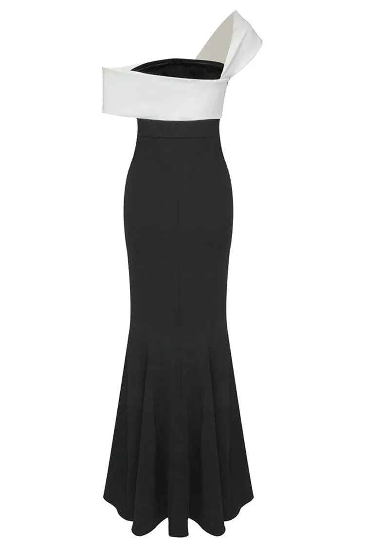 Edgy Mermaid Off-Shoulder Contrast Black White Floor-Length Prom Dress Custom