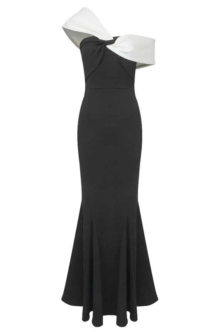 Edgy Mermaid Off-Shoulder Contrast Black White Floor-Length Prom Dress Custom