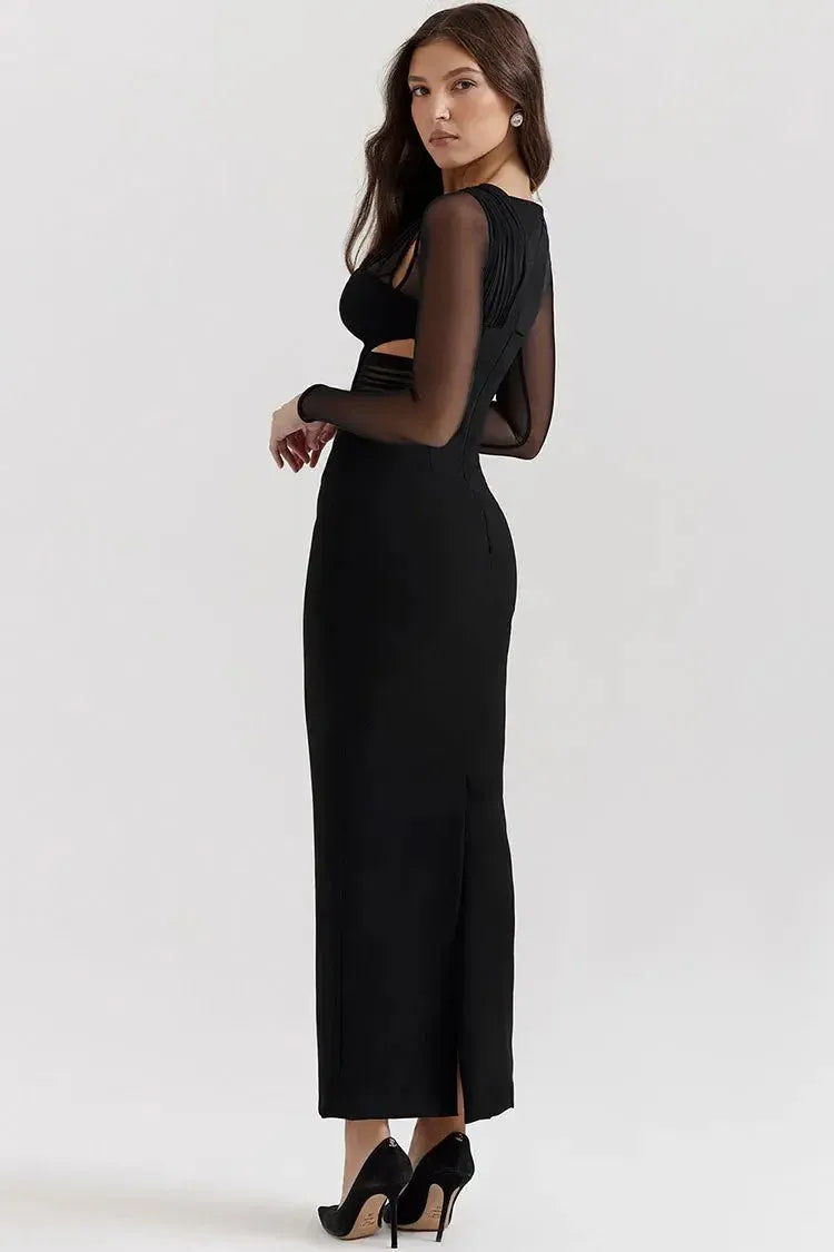 Edgy Mermaid One-Shoulder Long-Sleeve Cutout Mesh Black Floor-Length Evening Dress for Women