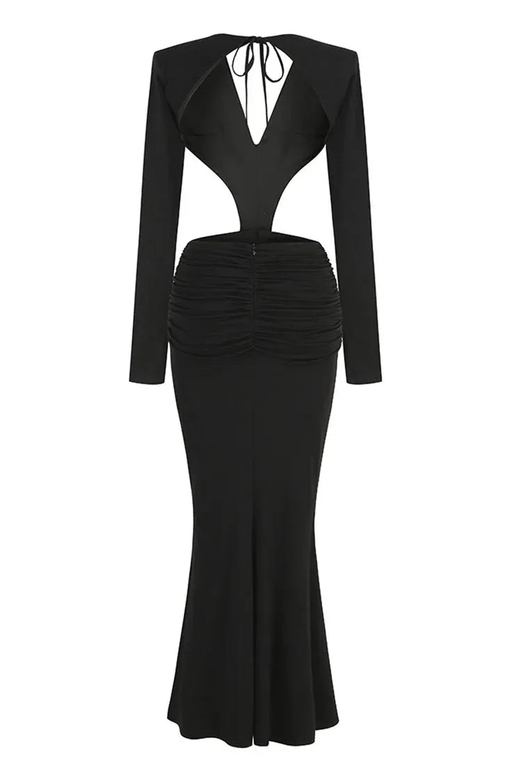 Edgy Mermaid V-Neck Long-Sleeve Cutout Rose-Accent Crepe Black Floor-Length Evening Dress for Women