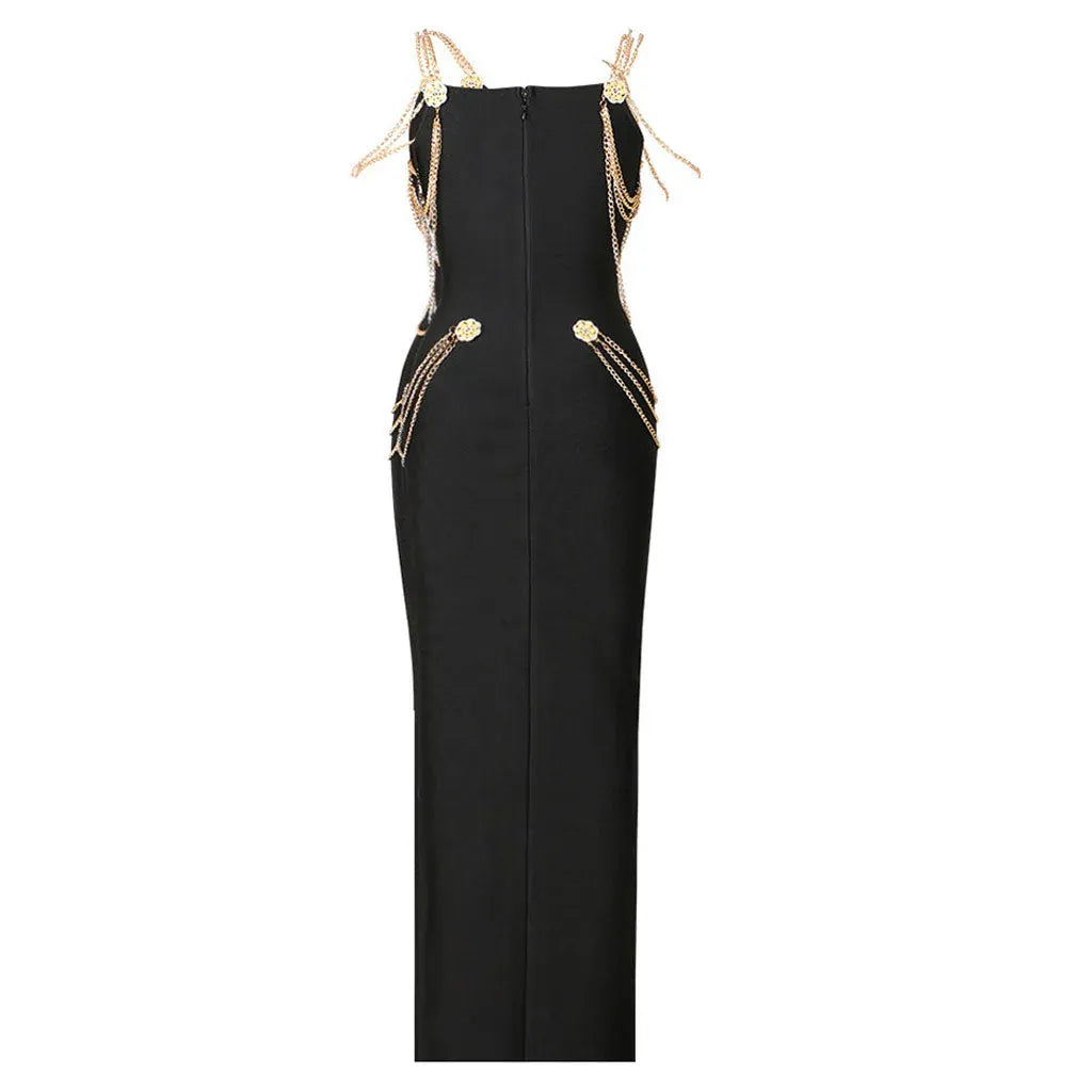 Edgy Satin Midi Evening Dress Black V-Neck Chain-Strap for Women