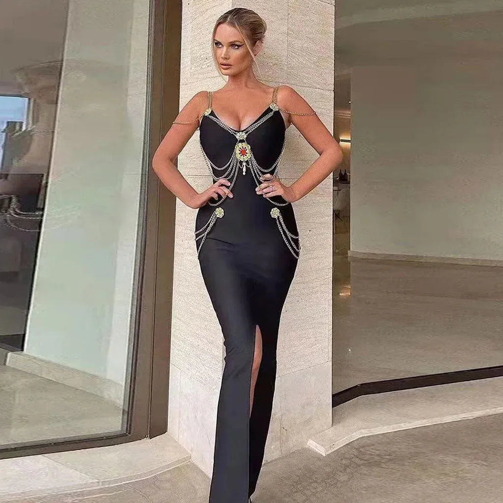 Edgy Satin Midi Evening Dress Black V-Neck Chain-Strap for Women