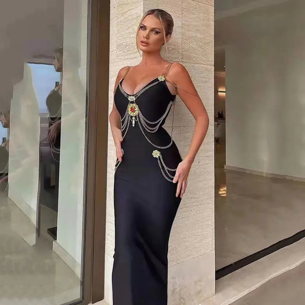 Edgy Satin Midi Evening Dress Black V-Neck Chain-Strap for Women