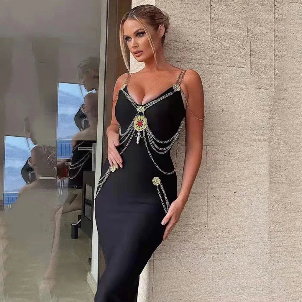 Edgy Satin Midi Evening Dress Black V-Neck Chain-Strap for Women