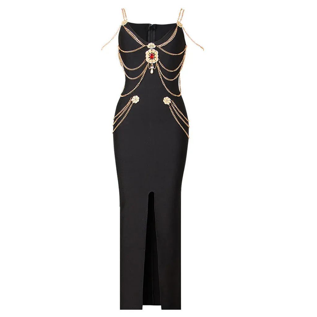 Edgy Satin Midi Evening Dress Black V-Neck Chain-Strap for Women