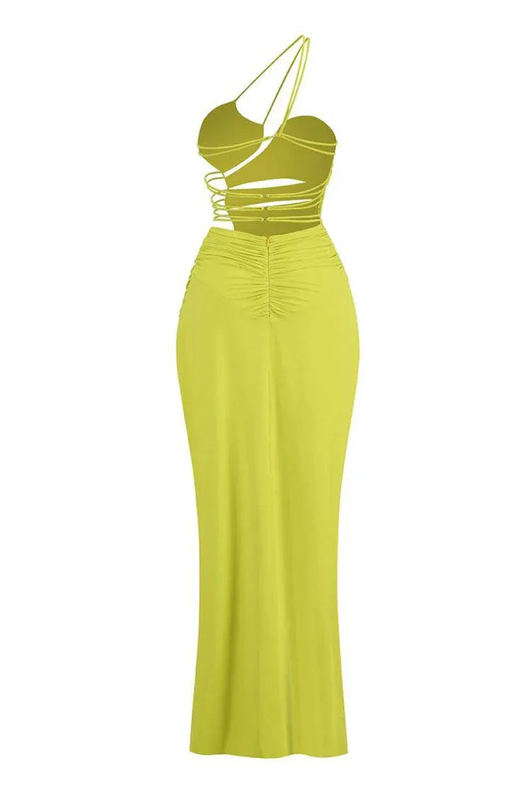 Edgy Sheath One-Shoulder Lace-Up Cutout Lycra Lime Maxi Evening Dress for Women