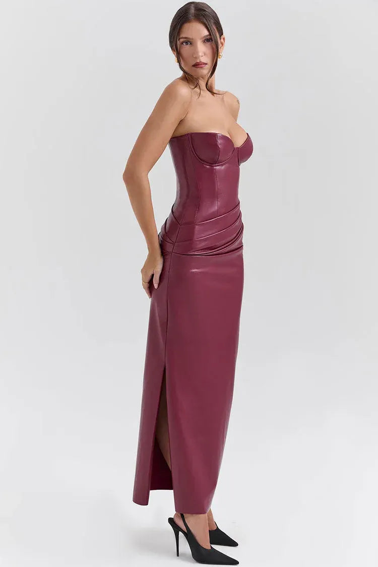 Edgy Sheath Strapless Ruched Faux-Leather Burgundy Midi Evening Dress for Women