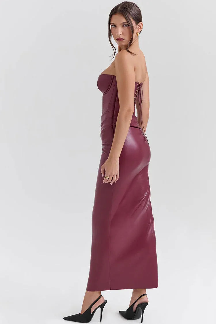 Edgy Sheath Strapless Ruched Faux-Leather Burgundy Midi Evening Dress for Women