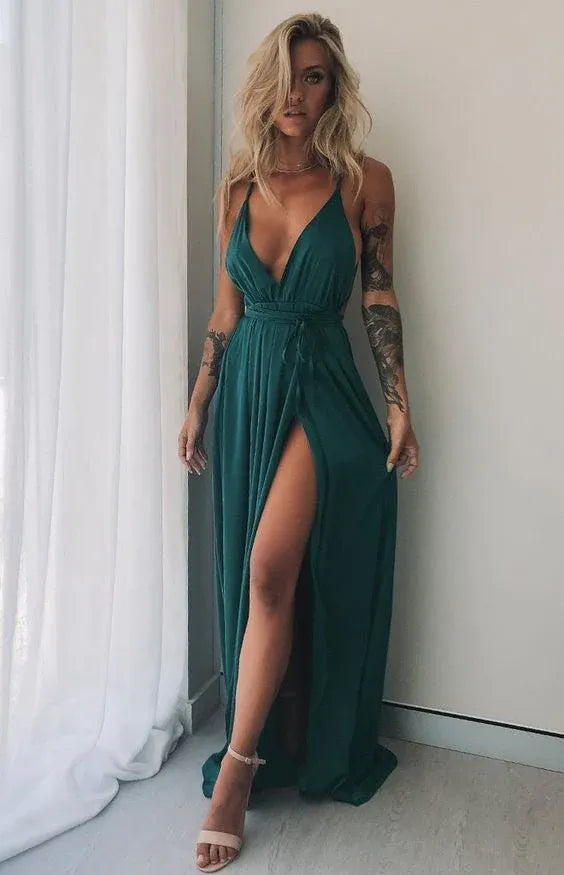 Effortless A-line Spaghetti Wrap Teal Floor Prom Dress With Slit Custom