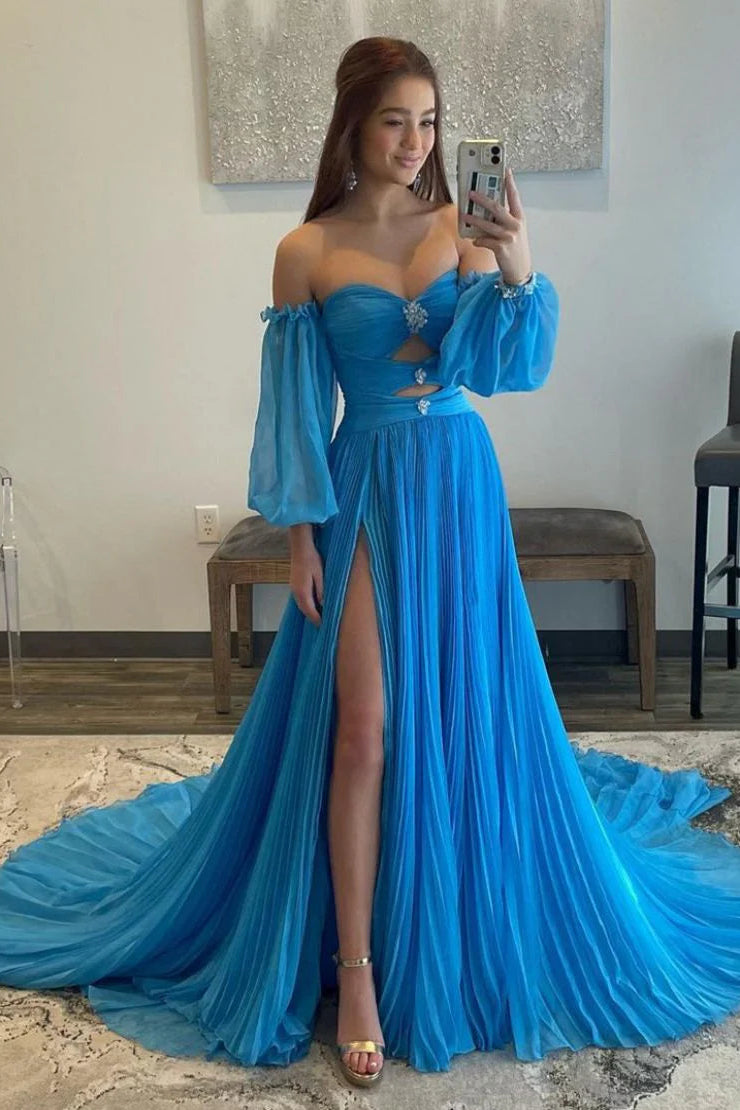 Elegant A-line off-shoulder prom dress with detachable sleeves and court train, shown from the back.