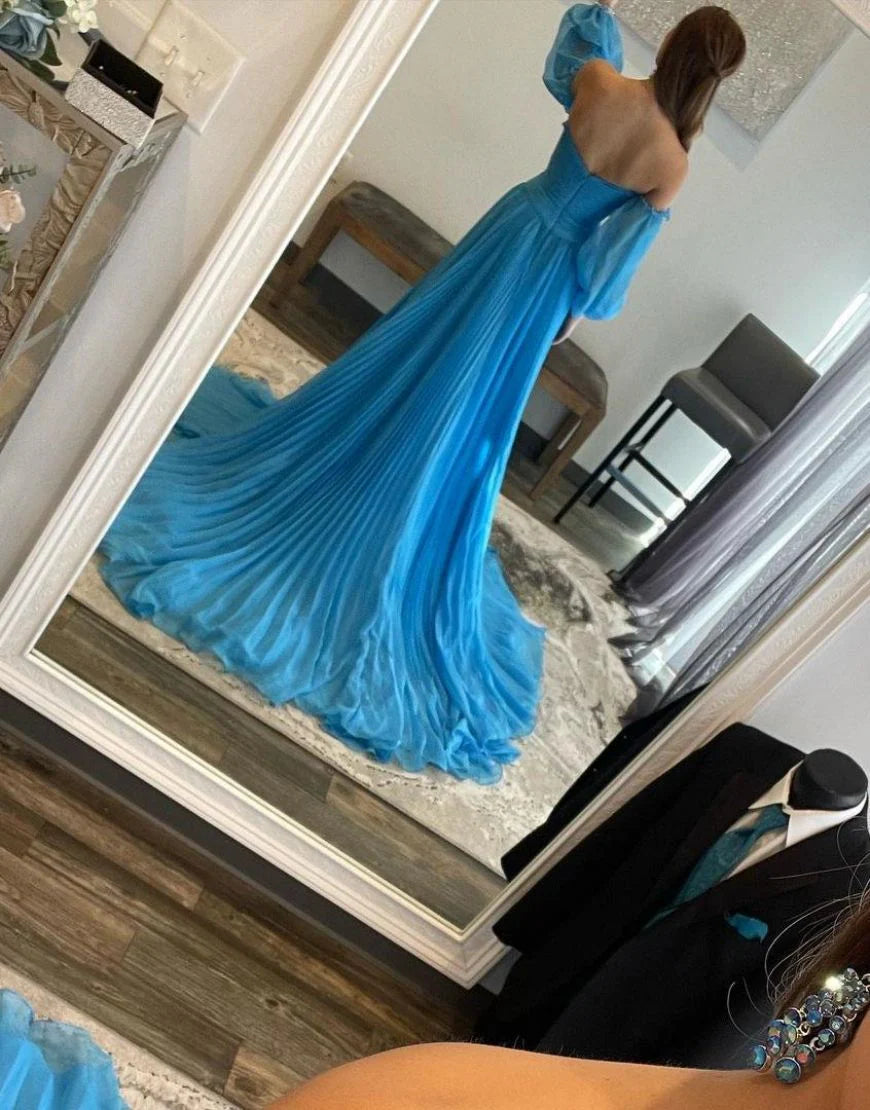 Front view of the A-line off-shoulder prom dress with detachable long sleeves and rhinestone embellishments.
