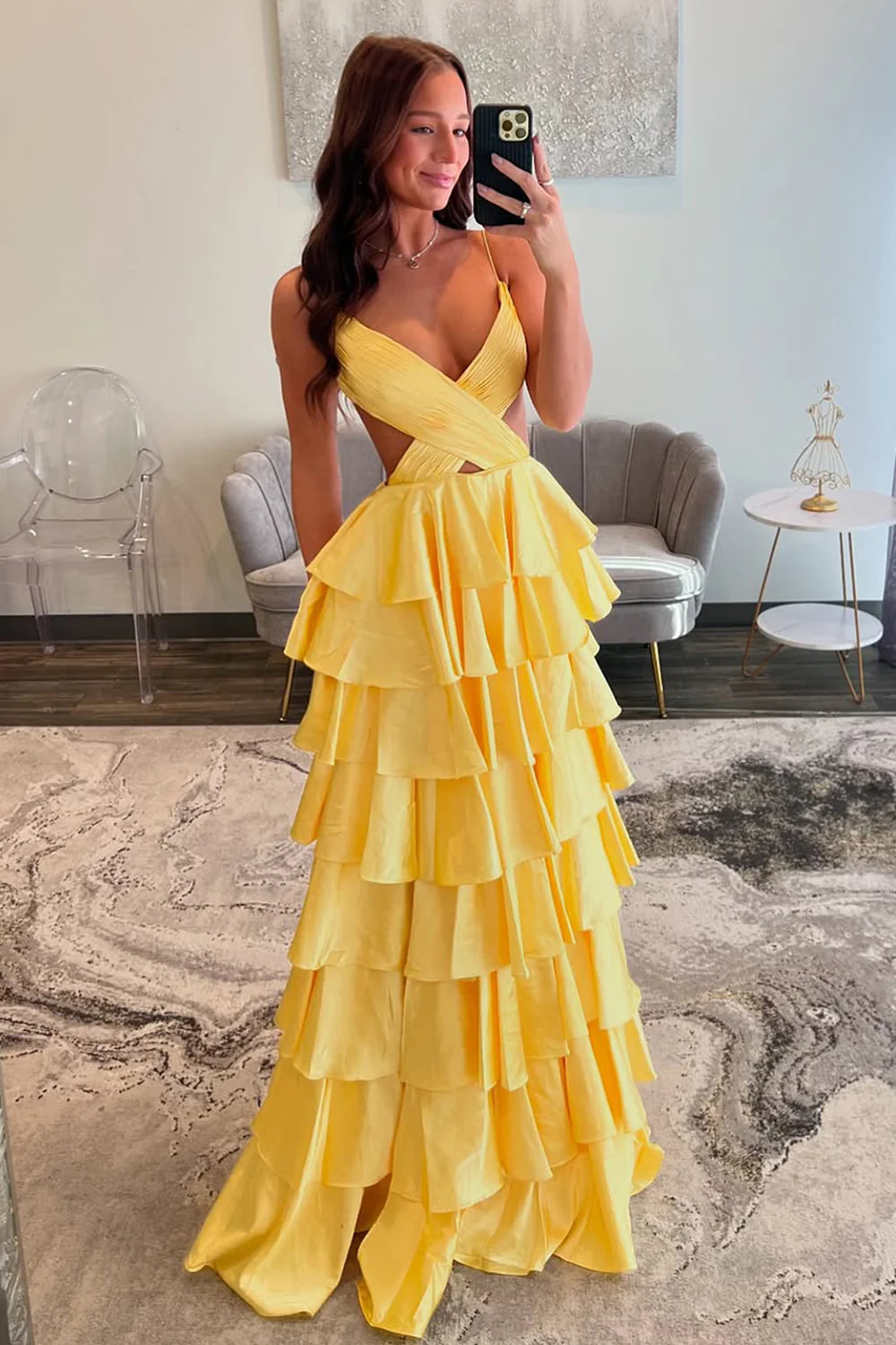 Front view of a woman wearing the long red A-Line prom dress.