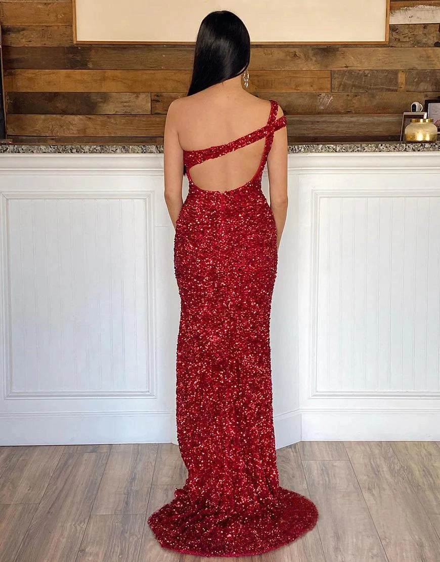 Red long prom dress with glitter and sequin details.