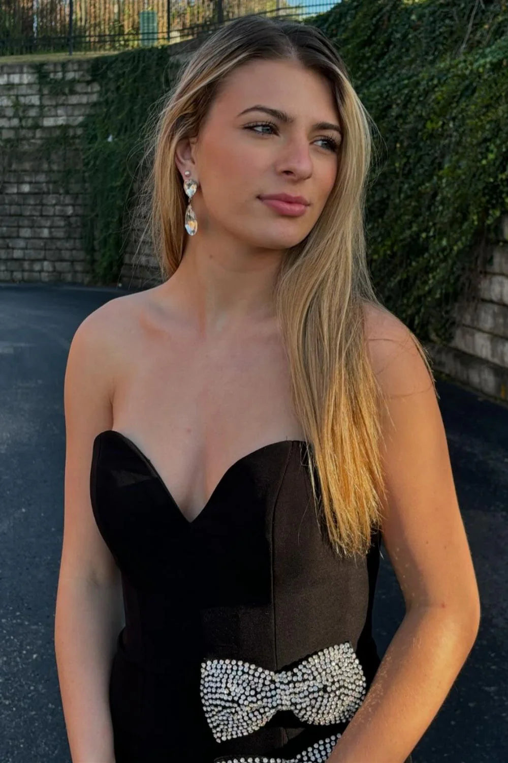 Elegant black long prom gown featuring a mermaid silhouette and sparkling rhinestone details.