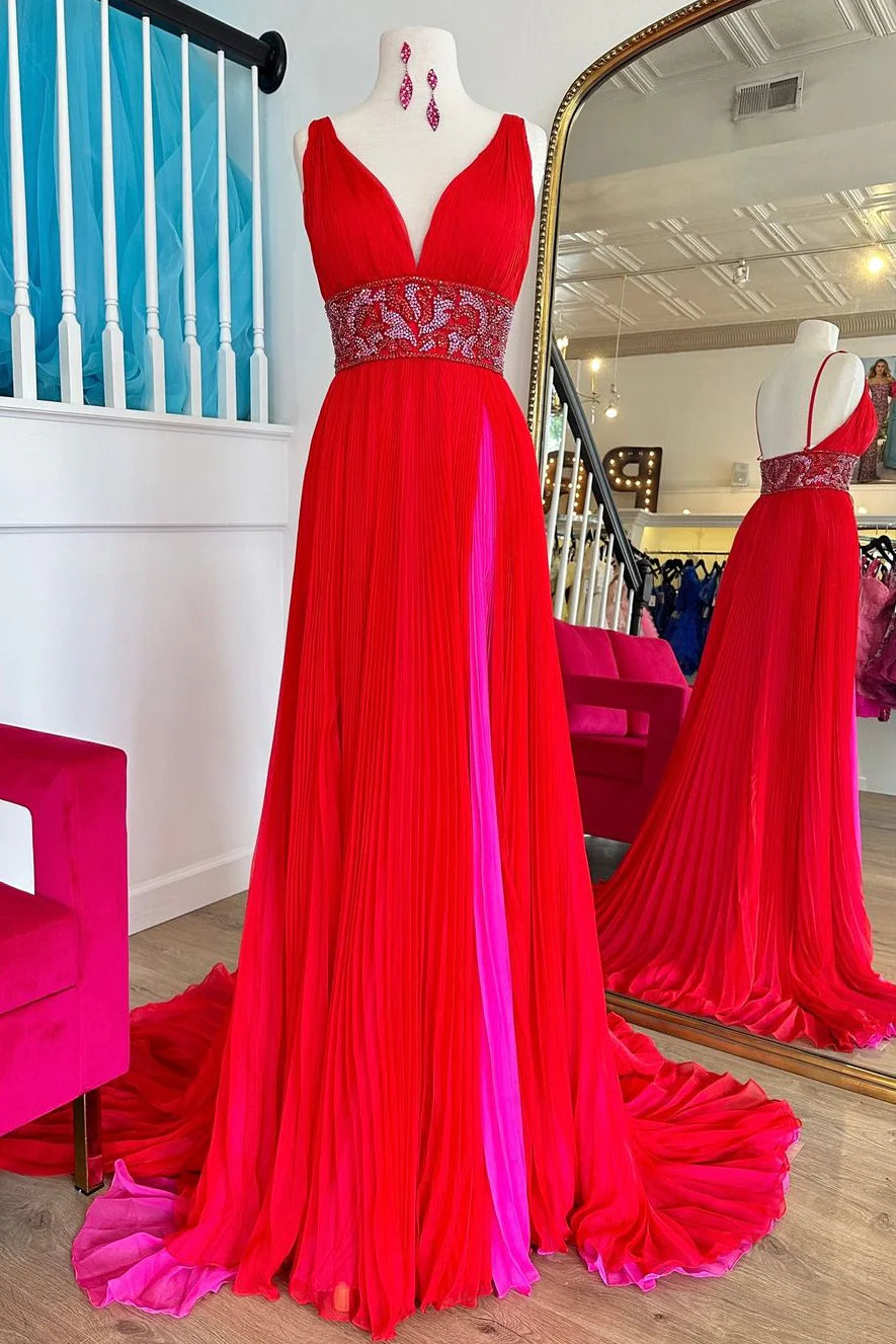 Elegant red A-Line prom dress with V-neck and beaded belt.